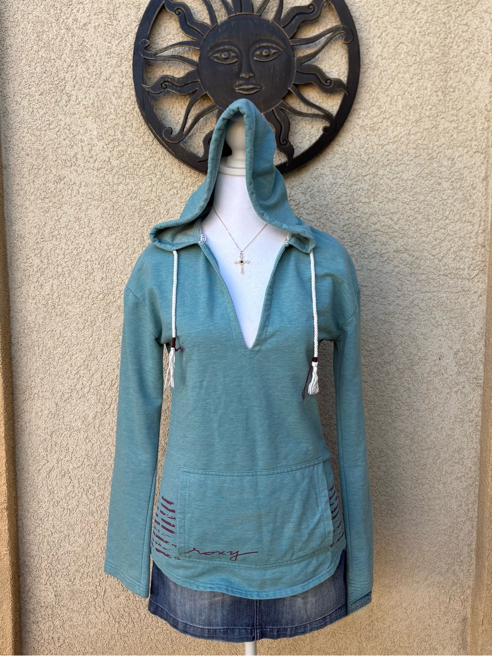 Roxy Y2K Teal V-Neck Pullover Hoodie Rope Drawstring Surf Skate Vintage Indie